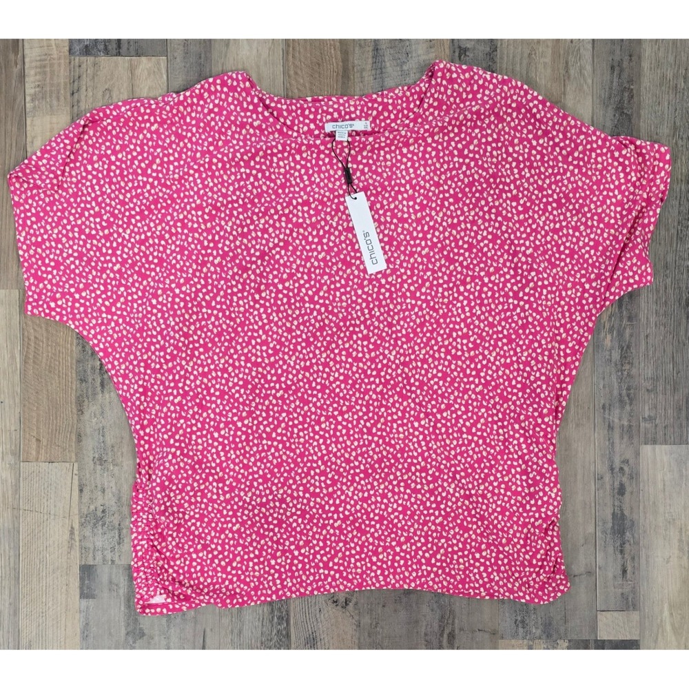 Chicos Top Women XXL Pink Leopard Print Banded Hem Dolman Sleeve NWT Stretch
